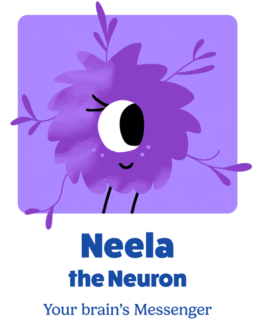 Neela the Neuron, your brain's Messenger, a purple one-eyed character with branching arms
