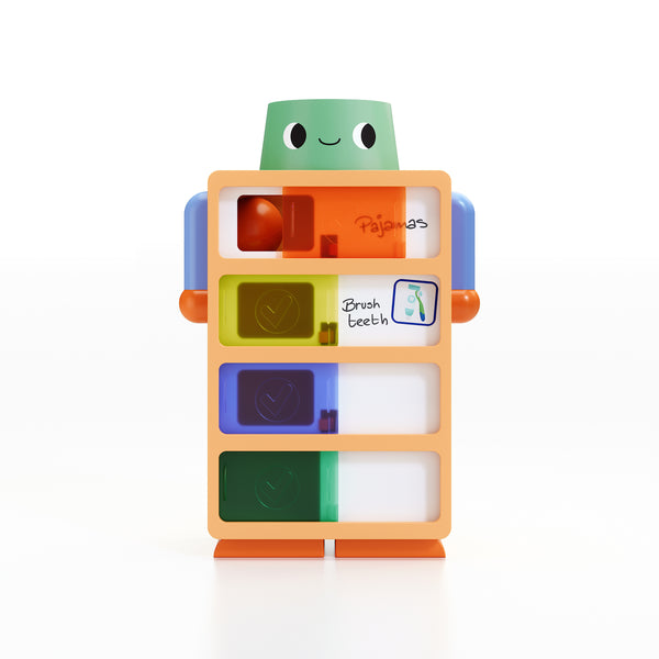 A colorful children's toy organizer shaped like a robot with four drawers. The robot has a green head with black eyes and a smile, blue arms, and orange feet.